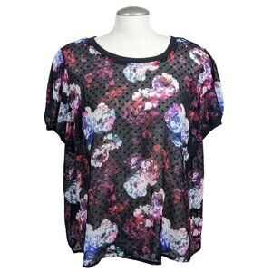 Torrid Womens Plus 1X Sheer Blouse Top Black Dark Floral Swiss Dot Whimsygoth